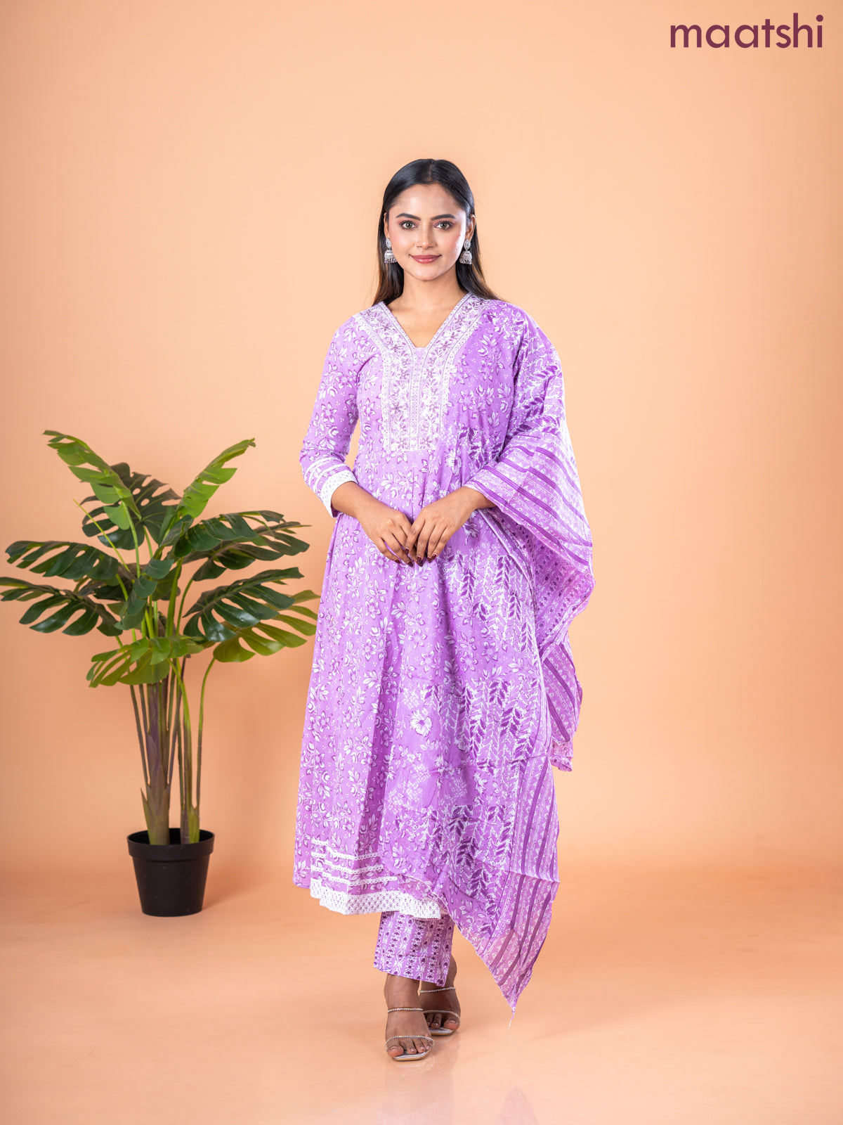 Anarkali salwar suit lavender and off white with allover floral prints & embroidery sequin work neck pattern and straight cut pant & dupatta