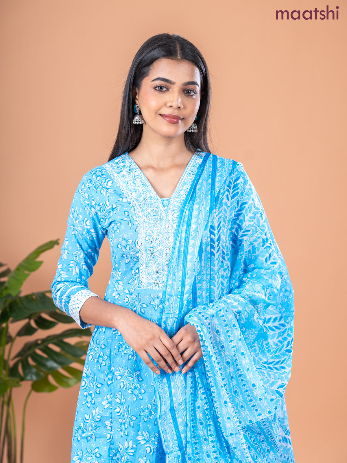 Anarkali salwar suit light blue and off white with allover floral prints & embroidery sequin work neck pattern and straight cut pant & dupatta