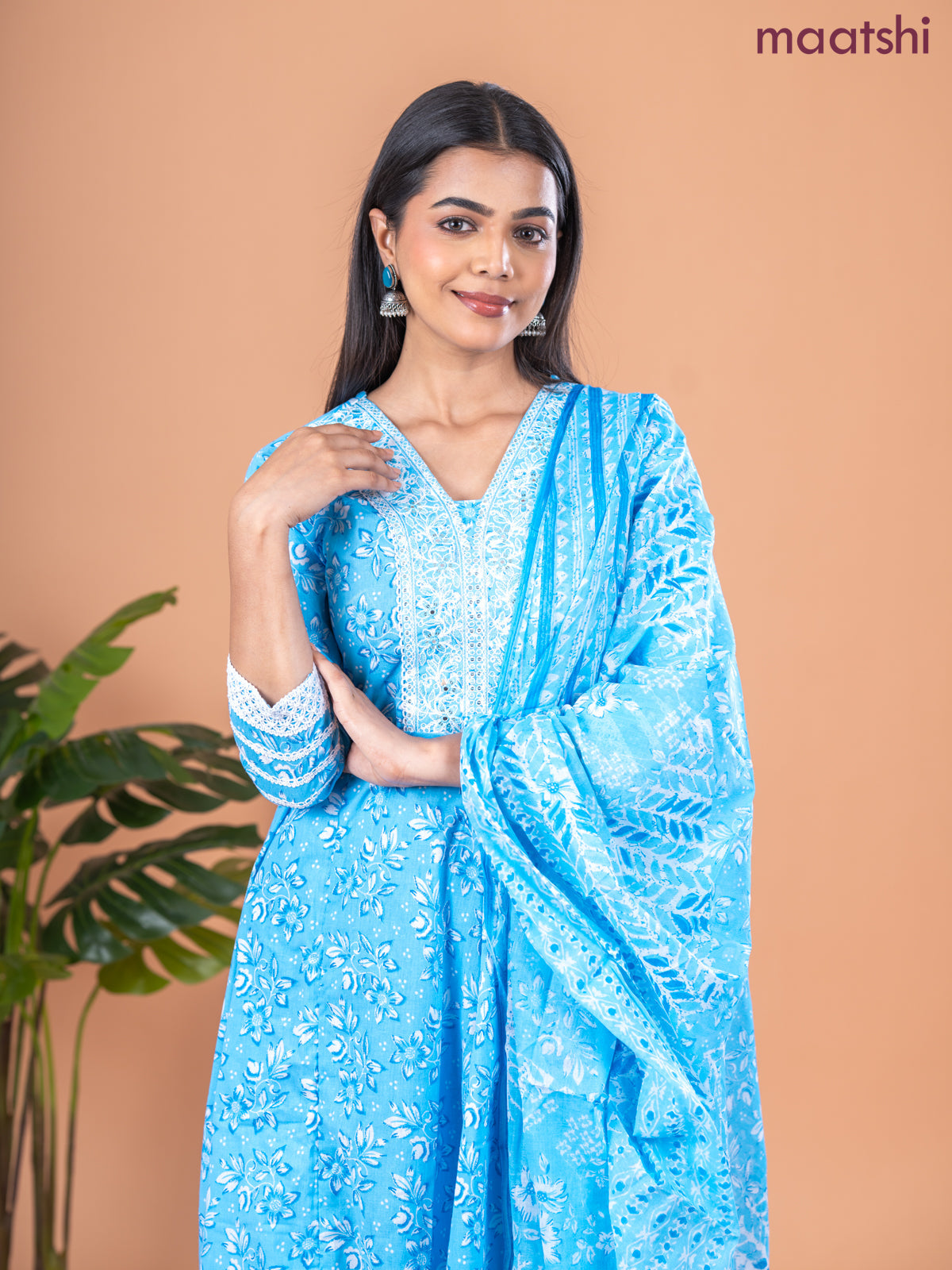 Anarkali salwar suit light blue and off white with allover floral prints & embroidery sequin work neck pattern and straight cut pant & dupatta