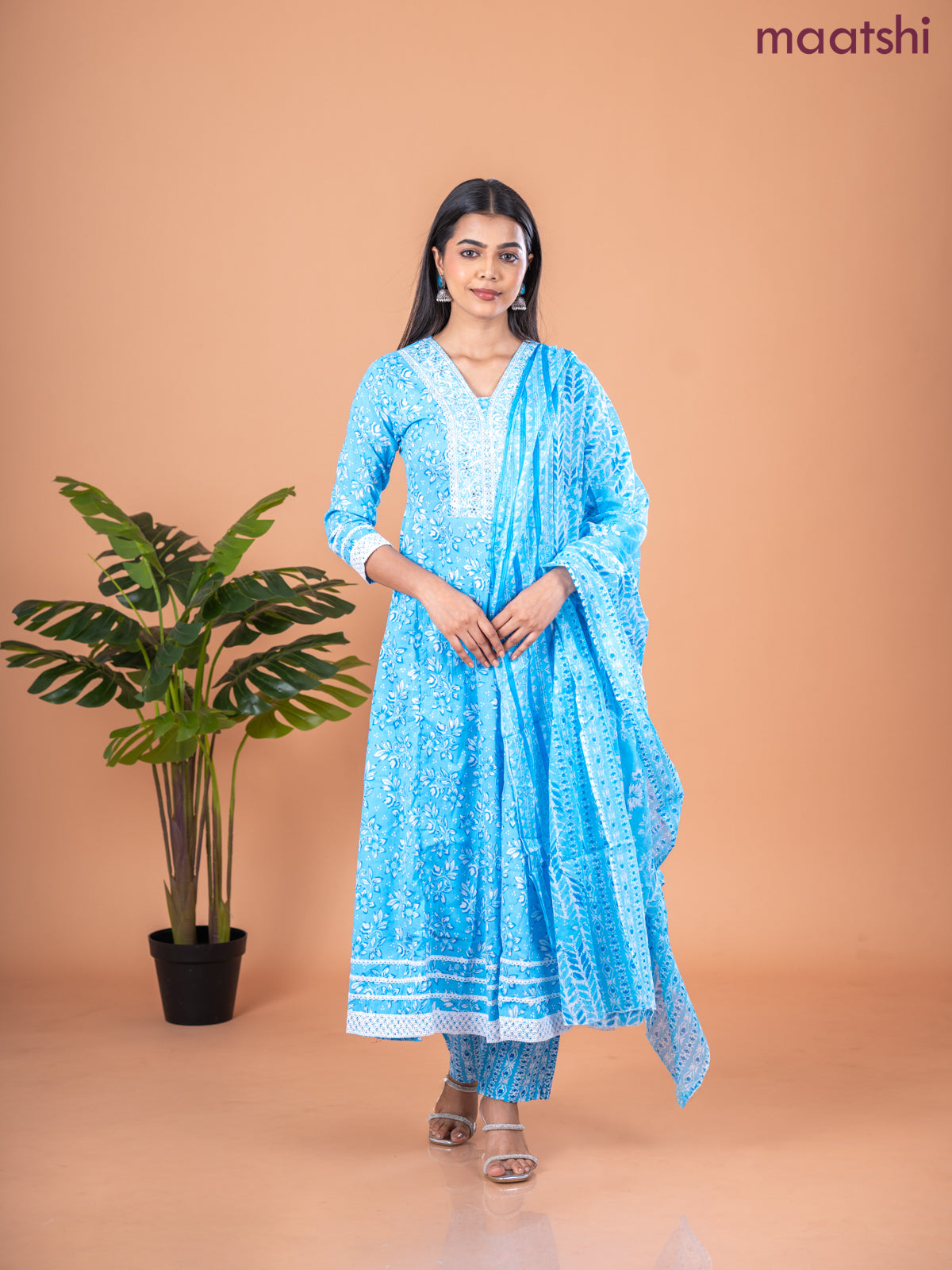 Anarkali salwar suit light blue and off white with allover floral prints & embroidery sequin work neck pattern and straight cut pant & dupatta