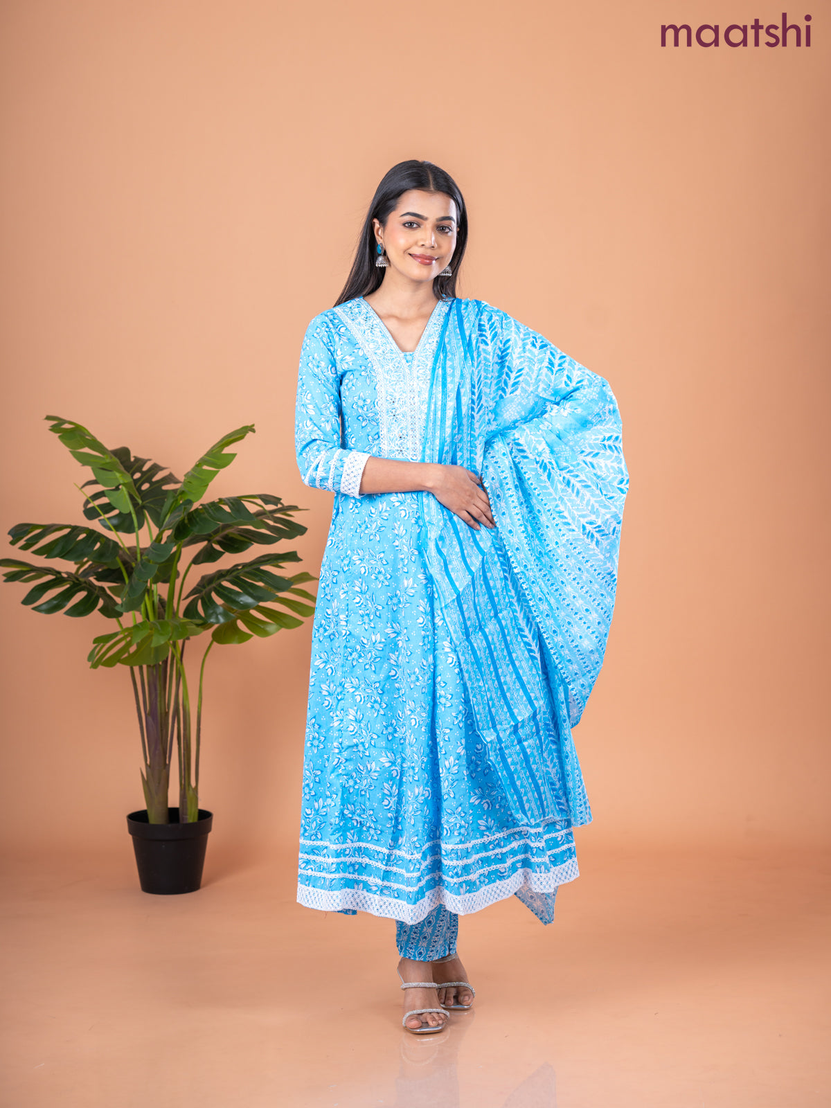 Anarkali salwar suit light blue and off white with allover floral prints & embroidery sequin work neck pattern and straight cut pant & dupatta