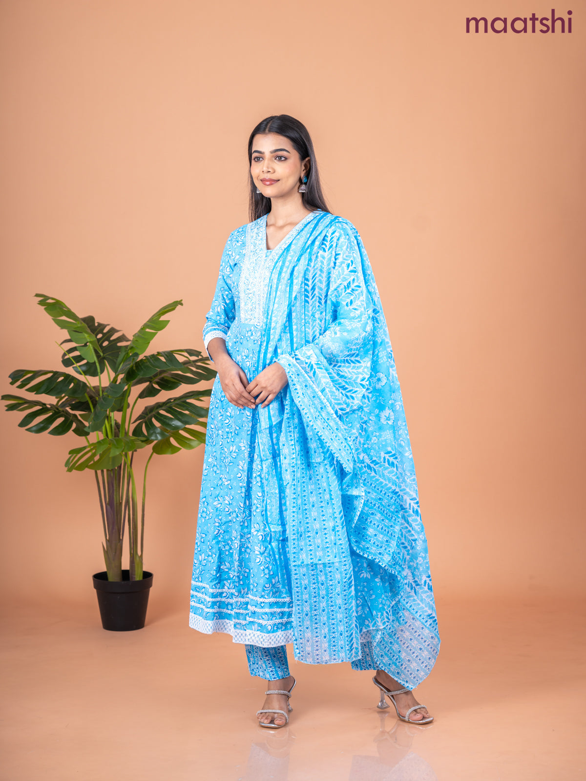 Anarkali salwar suit light blue and off white with allover floral prints & embroidery sequin work neck pattern and straight cut pant & dupatta