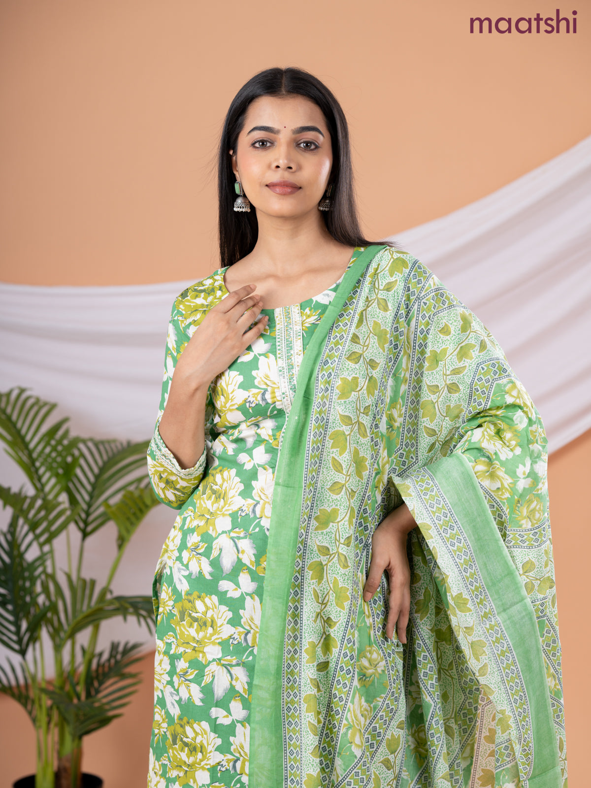 Semi cotton salwar suit green and cream with allover floral prints & embroidery sequin work neck pattern and straight cut pant & dupatta