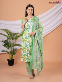 Semi cotton salwar suit green and cream with allover floral prints & embroidery sequin work neck pattern and straight cut pant & dupatta