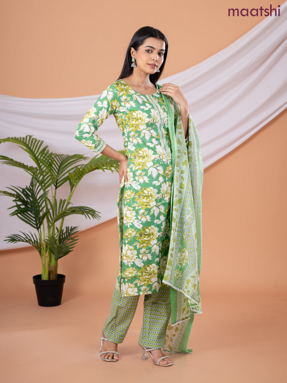 Semi cotton salwar suit green and cream with allover floral prints & embroidery sequin work neck pattern and straight cut pant & dupatta