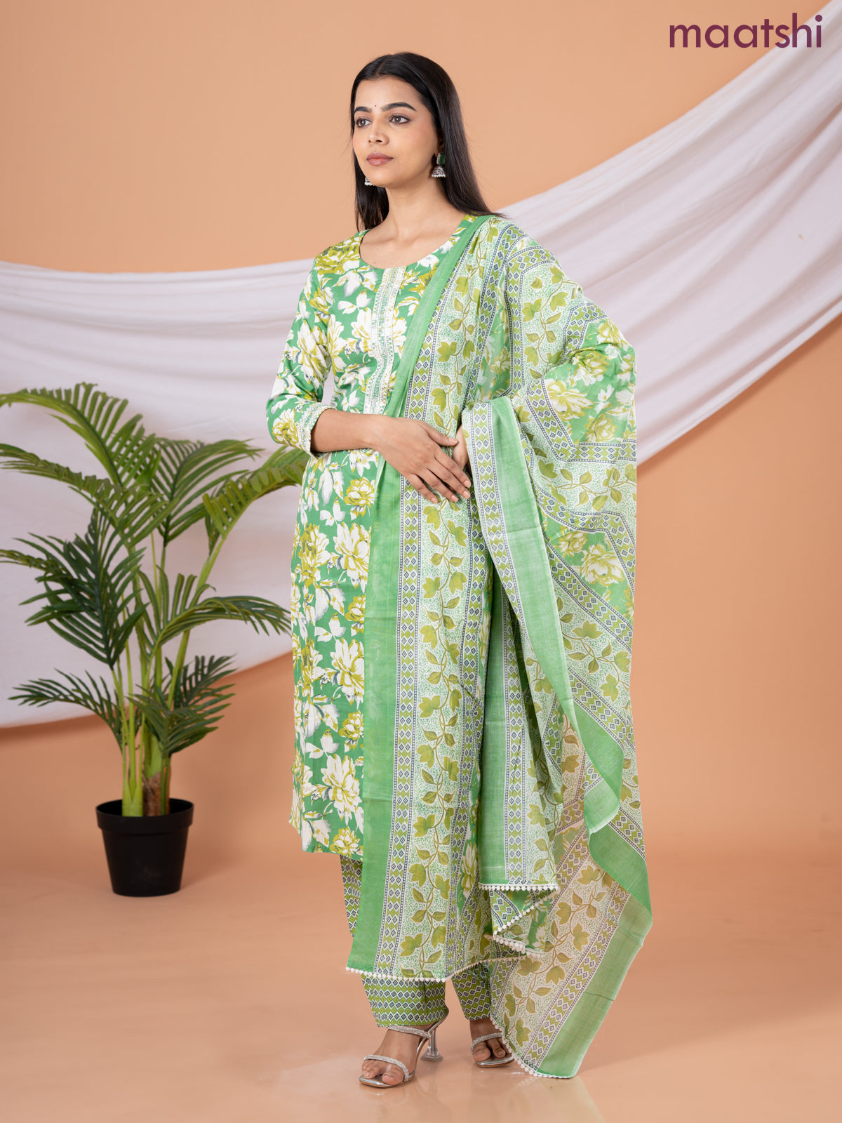 Semi cotton salwar suit green and cream with allover floral prints & embroidery sequin work neck pattern and straight cut pant & dupatta