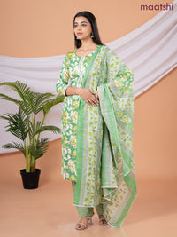 Semi cotton salwar suit green and cream with allover floral prints & embroidery sequin work neck pattern and straight cut pant & dupatta
