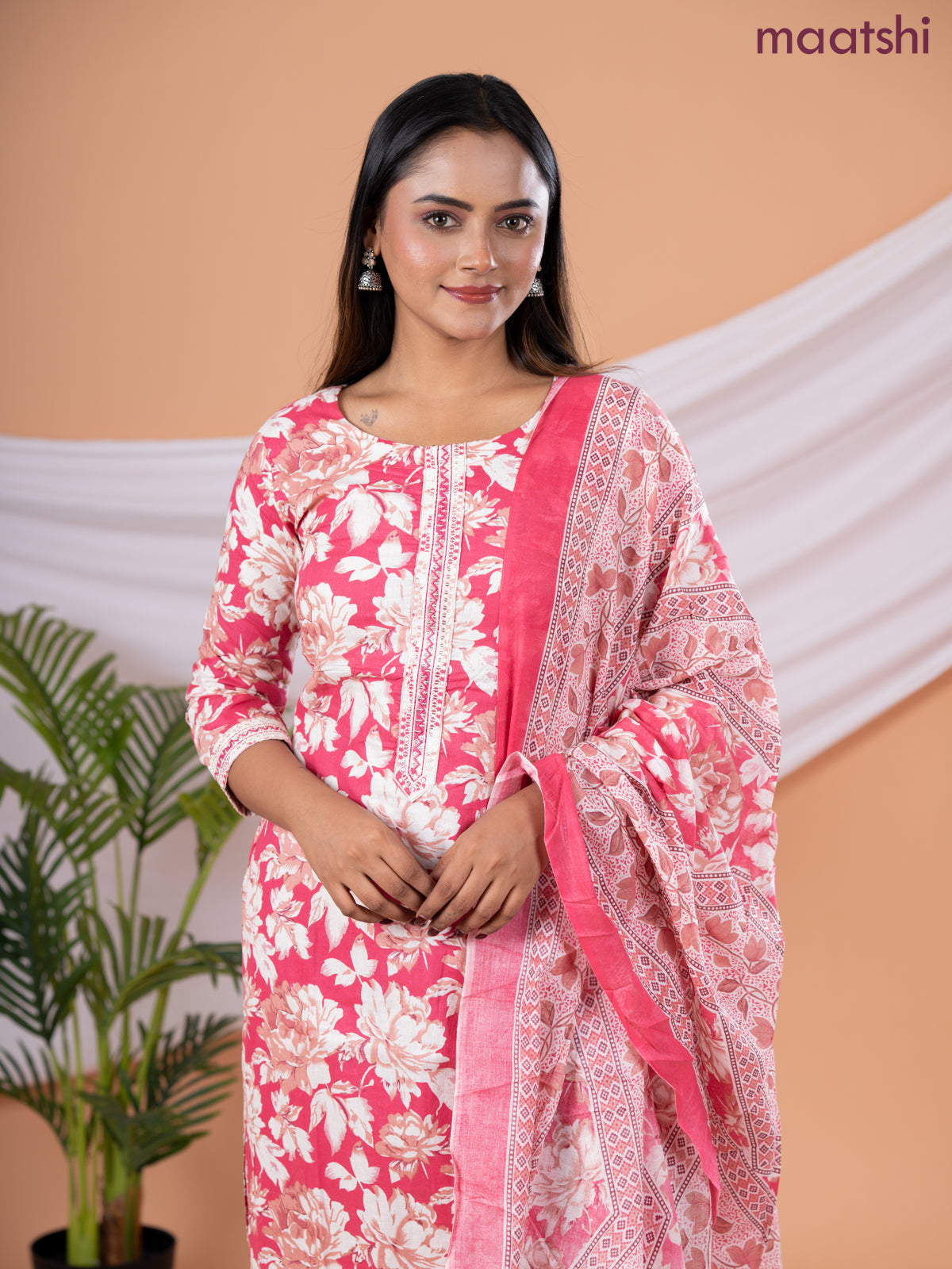 Semi cotton salwar suit pink shade and cream with allover floral prints & embroidery sequin work neck pattern and straight cut pant & dupatta