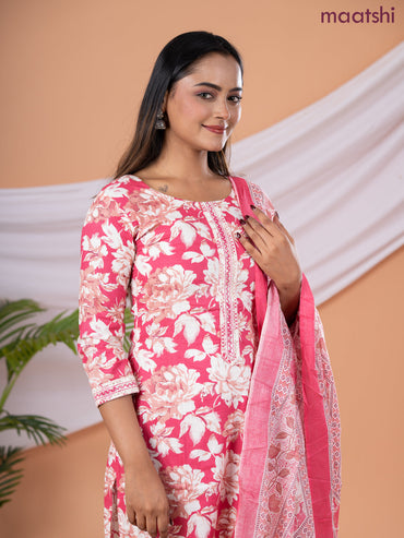 Semi cotton salwar suit pink shade and cream with allover floral prints & embroidery sequin work neck pattern and straight cut pant & dupatta