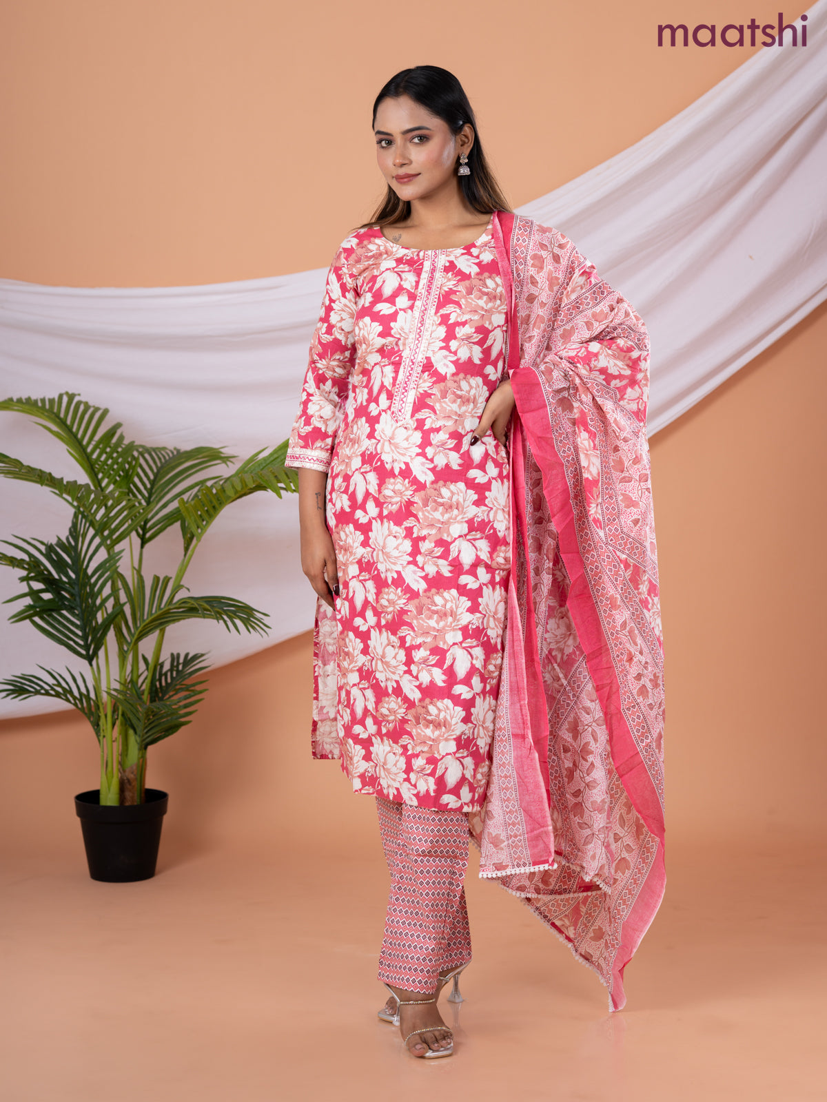 Semi cotton salwar suit pink shade and cream with allover floral prints & embroidery sequin work neck pattern and straight cut pant & dupatta