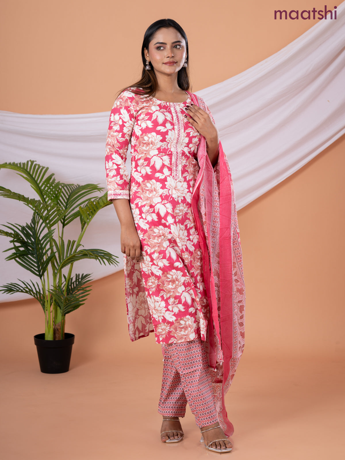 Semi cotton salwar suit pink shade and cream with allover floral prints & embroidery sequin work neck pattern and straight cut pant & dupatta