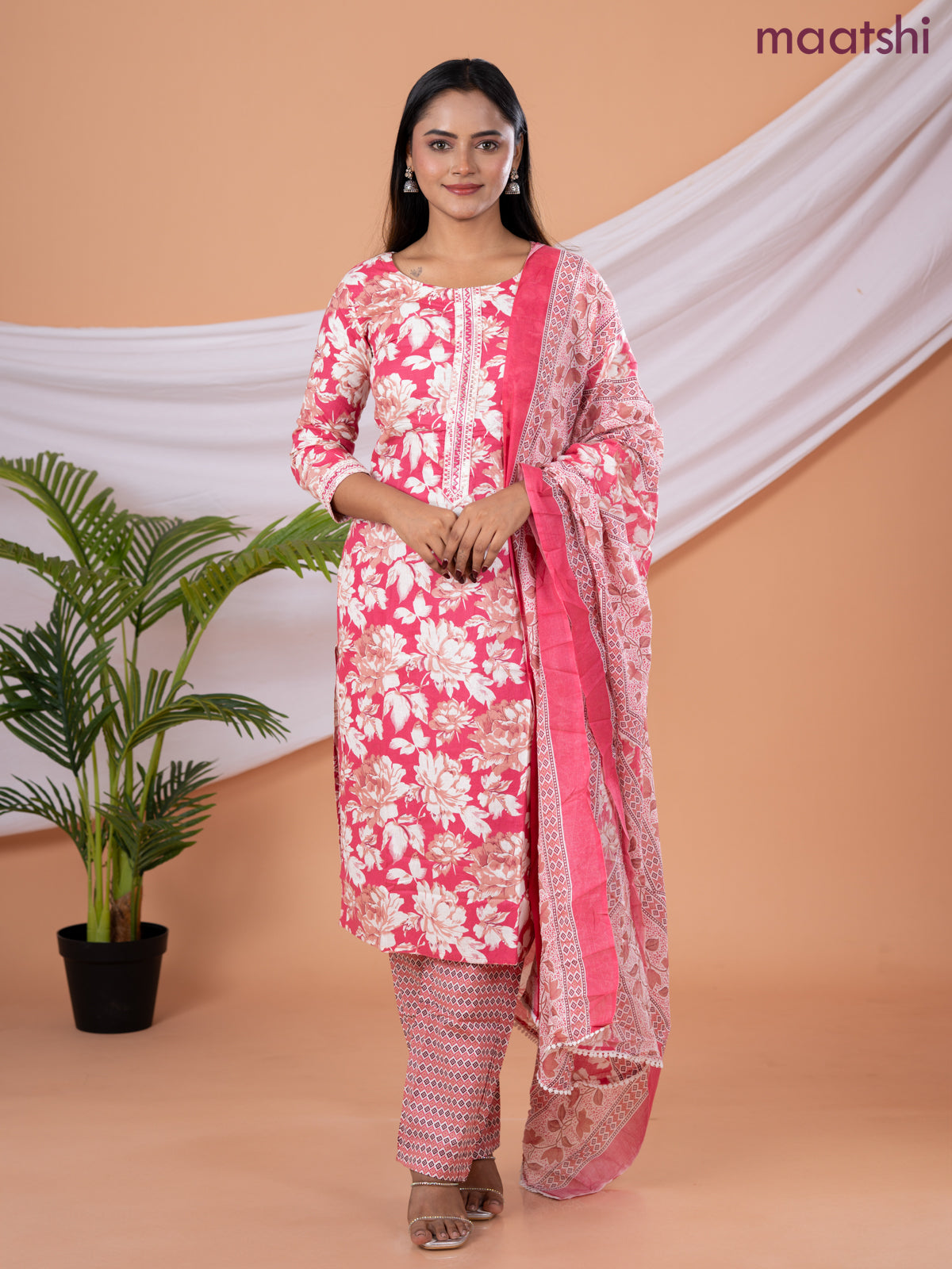 Semi cotton salwar suit pink shade and cream with allover floral prints & embroidery sequin work neck pattern and straight cut pant & dupatta