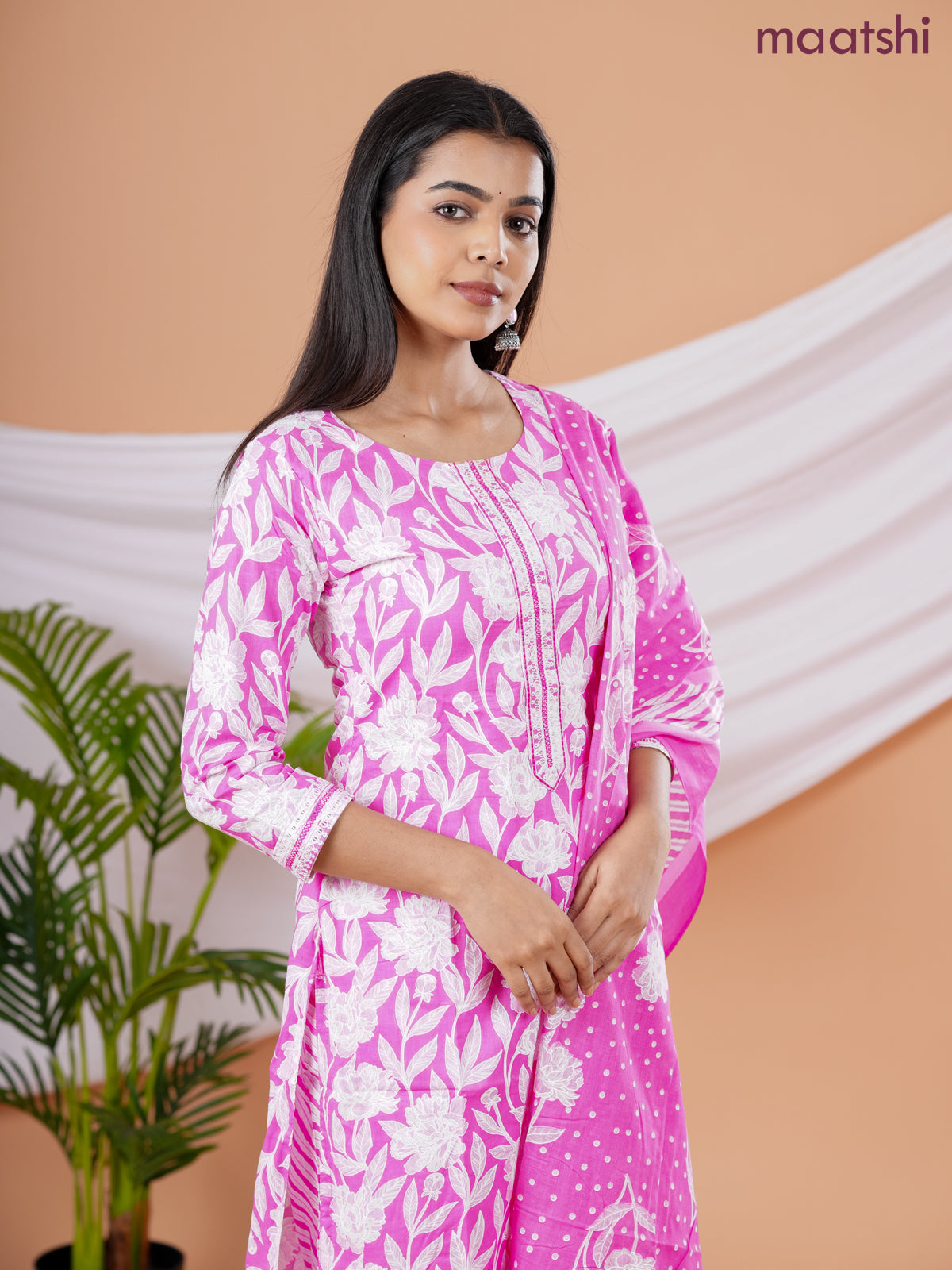 Semi cotton salwar suit pink and off white with allover floral prints & embroidery sequin work neck pattern and straight cut pant & dupatta