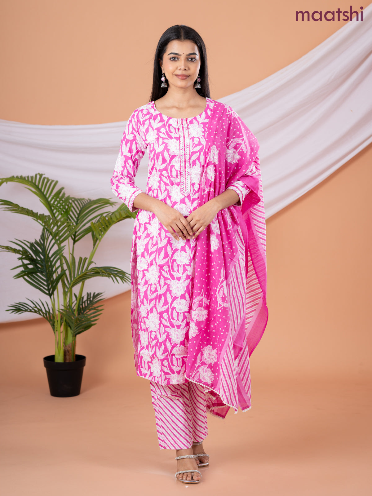 Semi cotton salwar suit pink and off white with allover floral prints & embroidery sequin work neck pattern and straight cut pant & dupatta