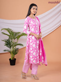 Semi cotton salwar suit pink and off white with allover floral prints & embroidery sequin work neck pattern and straight cut pant & dupatta