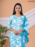 Semi cotton salwar suit blue and off white with allover floral prints & embroidery sequin work neck pattern and straight cut pant & dupatta