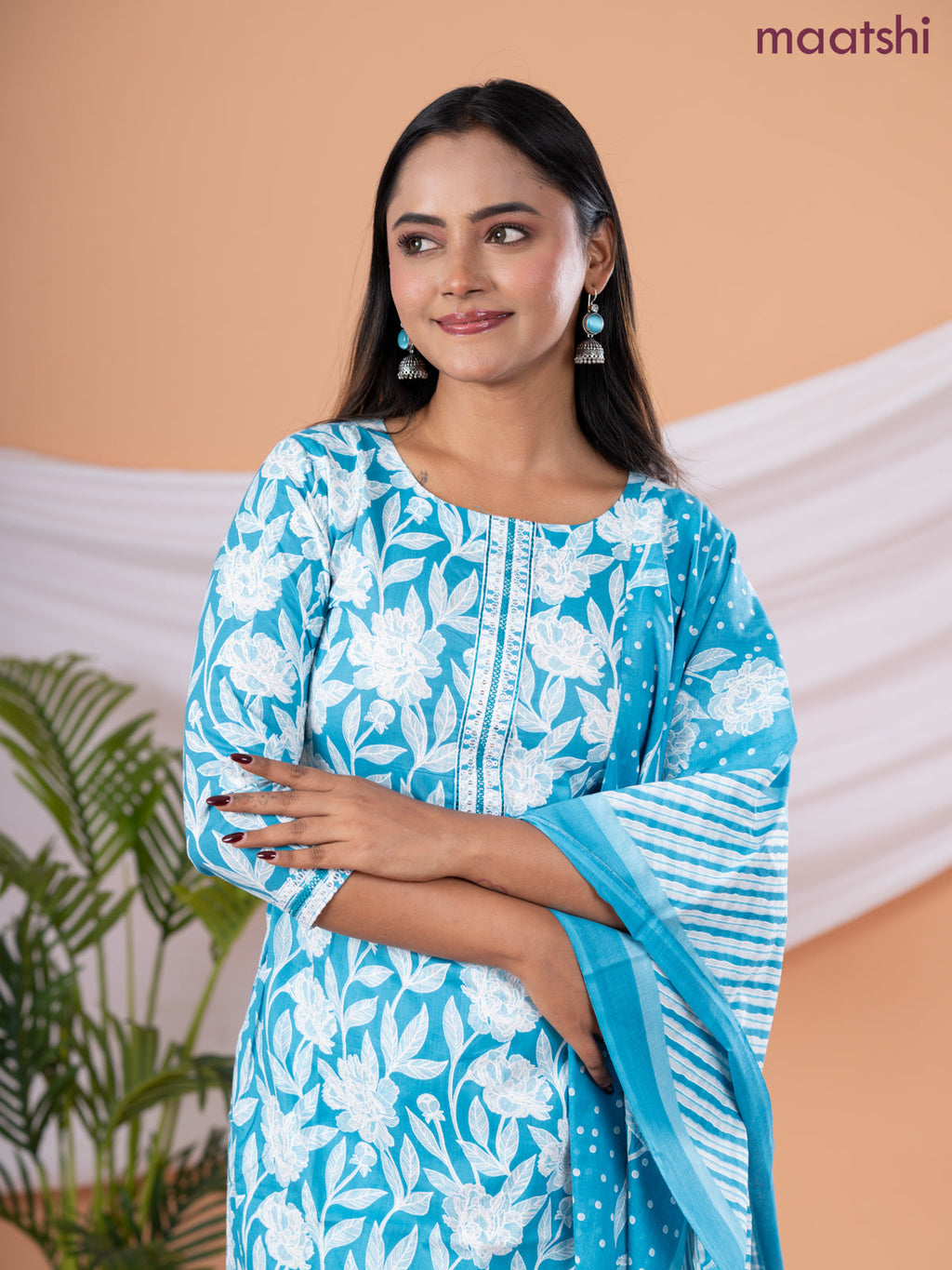 Semi cotton salwar suit blue and off white with allover floral prints & embroidery sequin work neck pattern and straight cut pant & dupatta
