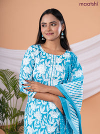 Semi cotton salwar suit blue and off white with allover floral prints & embroidery sequin work neck pattern and straight cut pant & dupatta