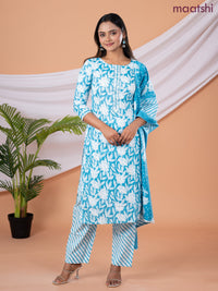 Semi cotton salwar suit blue and off white with allover floral prints & embroidery sequin work neck pattern and straight cut pant & dupatta