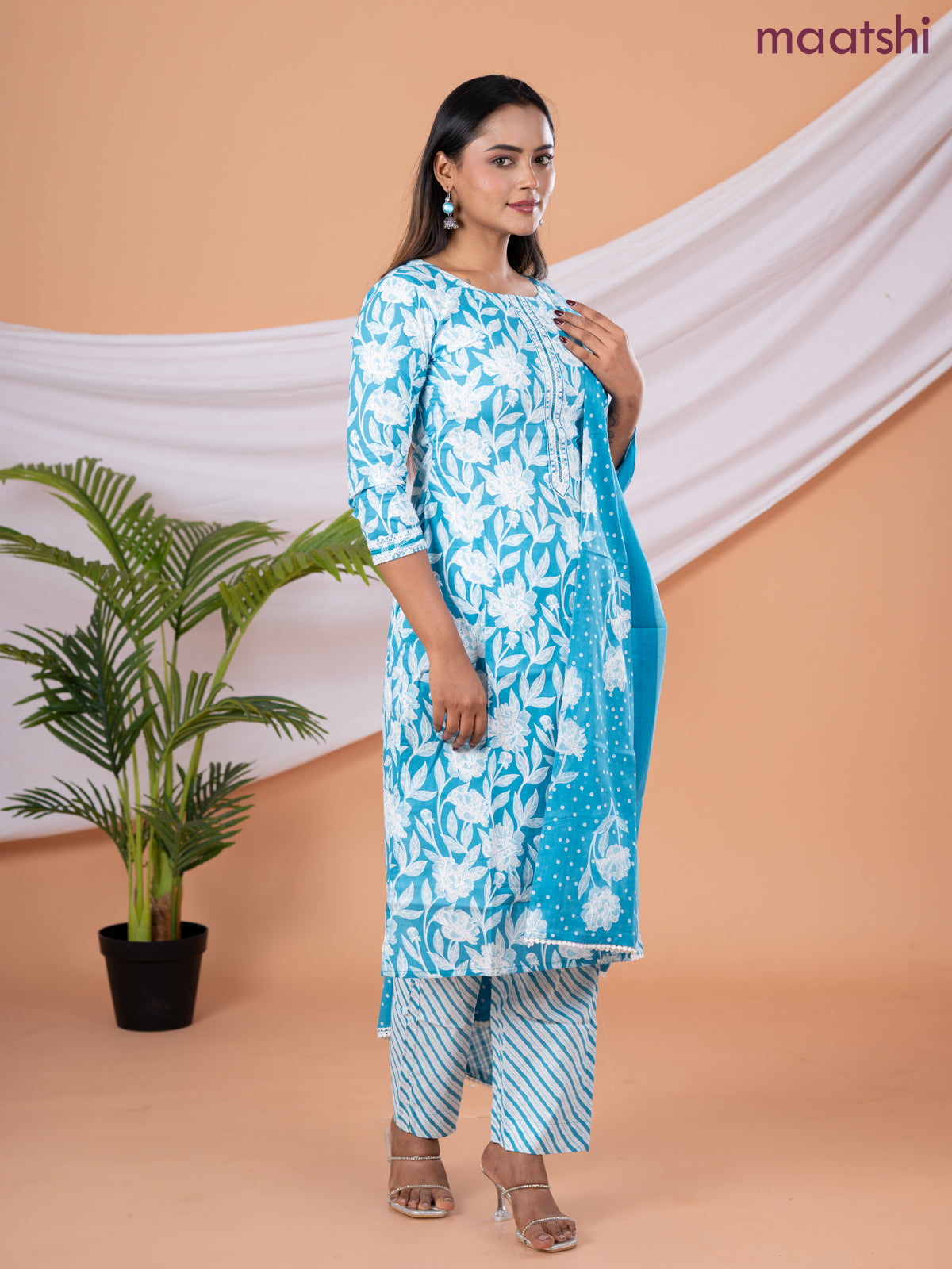 Semi cotton salwar suit blue and off white with allover floral prints & embroidery sequin work neck pattern and straight cut pant & dupatta