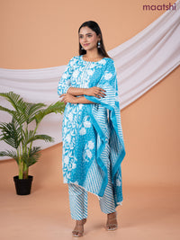 Semi cotton salwar suit blue and off white with allover floral prints & embroidery sequin work neck pattern and straight cut pant & dupatta