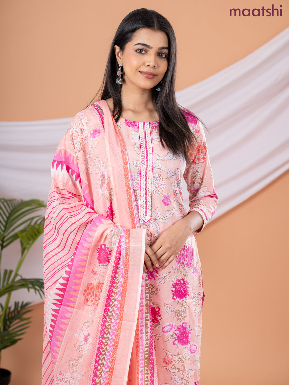Semi cotton salwar suit peach shade and pink with allover floral prints & embroidery sequin work neck pattern and straight cut pant & dupatta