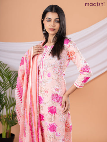 Semi cotton salwar suit peach shade and pink with allover floral prints & embroidery sequin work neck pattern and straight cut pant & dupatta