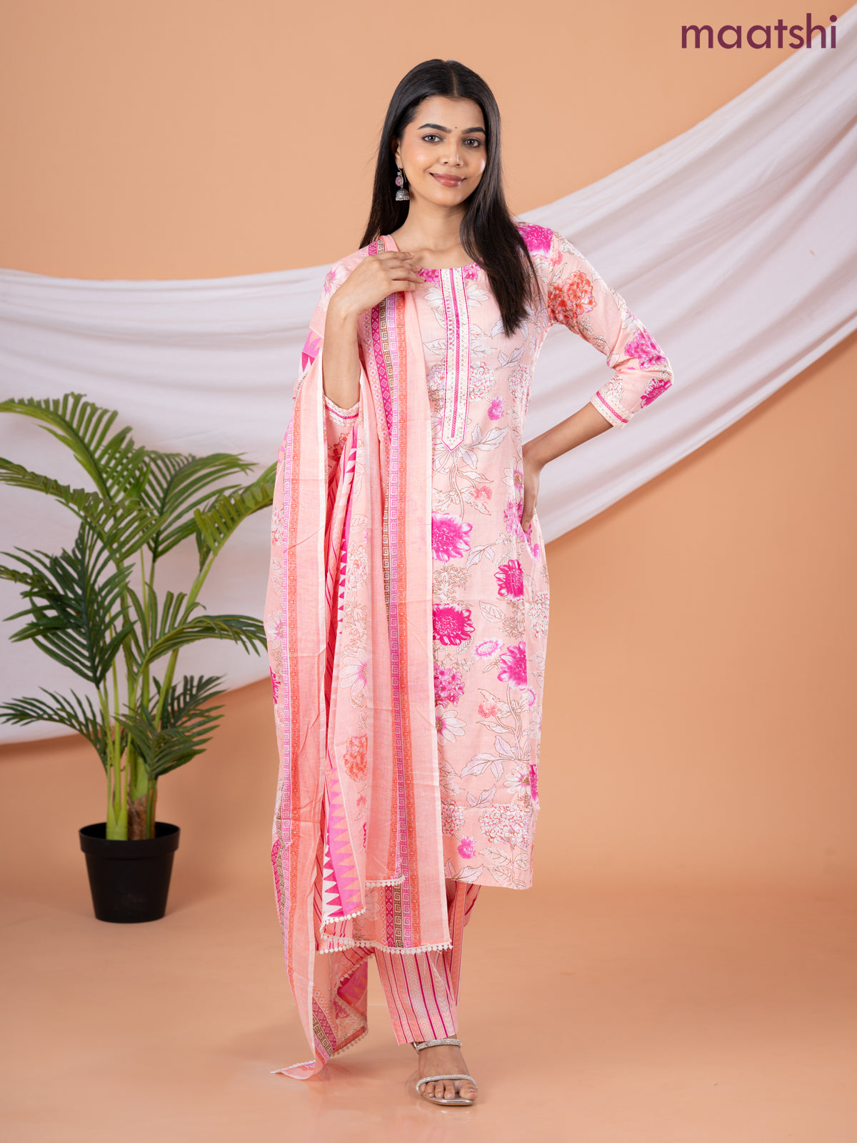 Semi cotton salwar suit peach shade and pink with allover floral prints & embroidery sequin work neck pattern and straight cut pant & dupatta