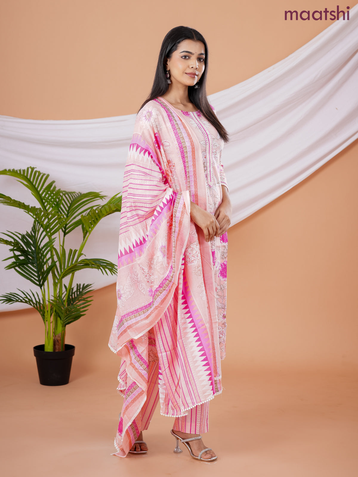 Semi cotton salwar suit peach shade and pink with allover floral prints & embroidery sequin work neck pattern and straight cut pant & dupatta