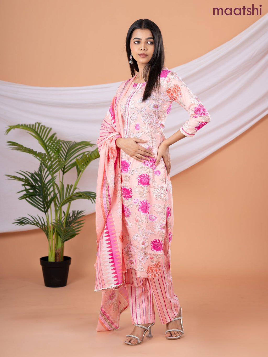 Semi cotton salwar suit peach shade and pink with allover floral prints & embroidery sequin work neck pattern and straight cut pant & dupatta