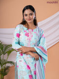 Semi cotton salwar suit light blue and pink with allover floral prints & embroidery sequin work neck pattern and straight cut pant & dupatta