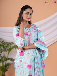 Semi cotton salwar suit light blue and pink with allover floral prints & embroidery sequin work neck pattern and straight cut pant & dupatta