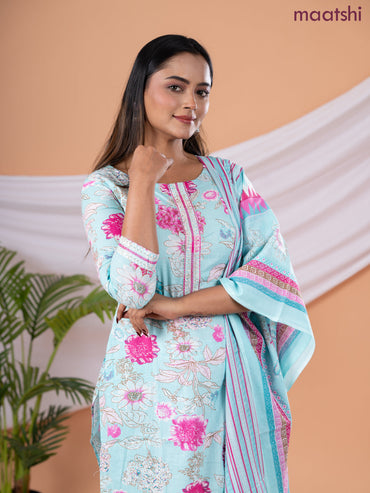 Semi cotton salwar suit light blue and pink with allover floral prints & embroidery sequin work neck pattern and straight cut pant & dupatta