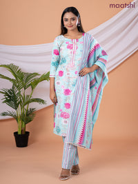 Semi cotton salwar suit light blue and pink with allover floral prints & embroidery sequin work neck pattern and straight cut pant & dupatta