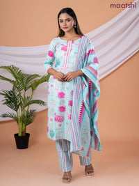 Semi cotton salwar suit light blue and pink with allover floral prints & embroidery sequin work neck pattern and straight cut pant & dupatta