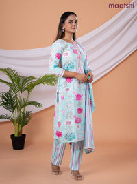 Semi cotton salwar suit light blue and pink with allover floral prints & embroidery sequin work neck pattern and straight cut pant & dupatta