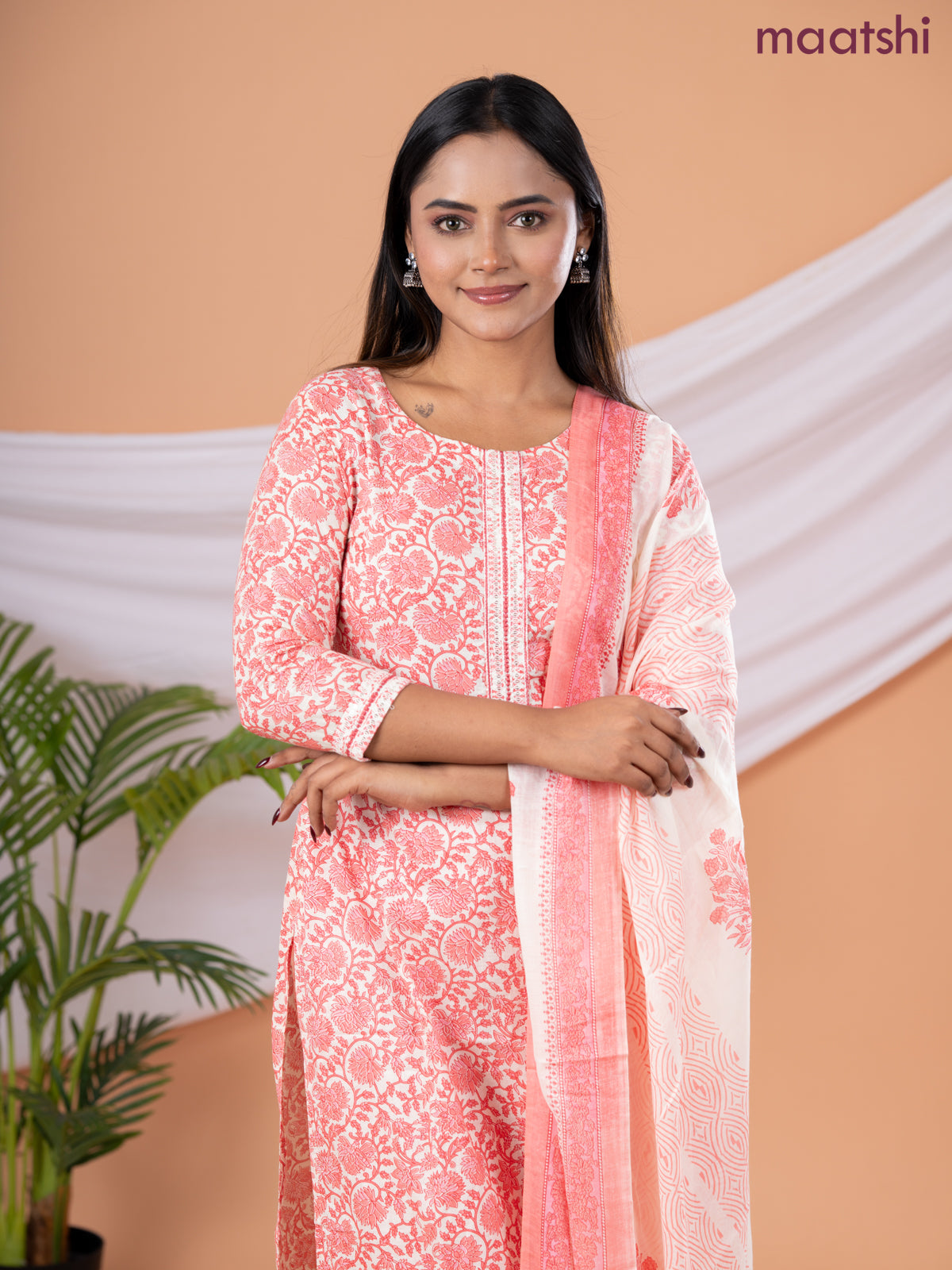 Semi cotton salwar suit cream and peach orange with allover floral prints & embroidery sequin work neck pattern and straight cut pant & dupatta