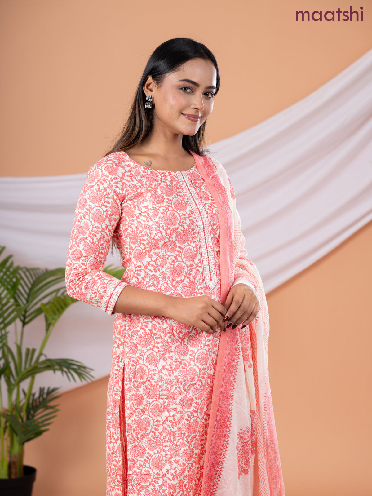 Semi cotton salwar suit cream and peach orange with allover floral prints & embroidery sequin work neck pattern and straight cut pant & dupatta