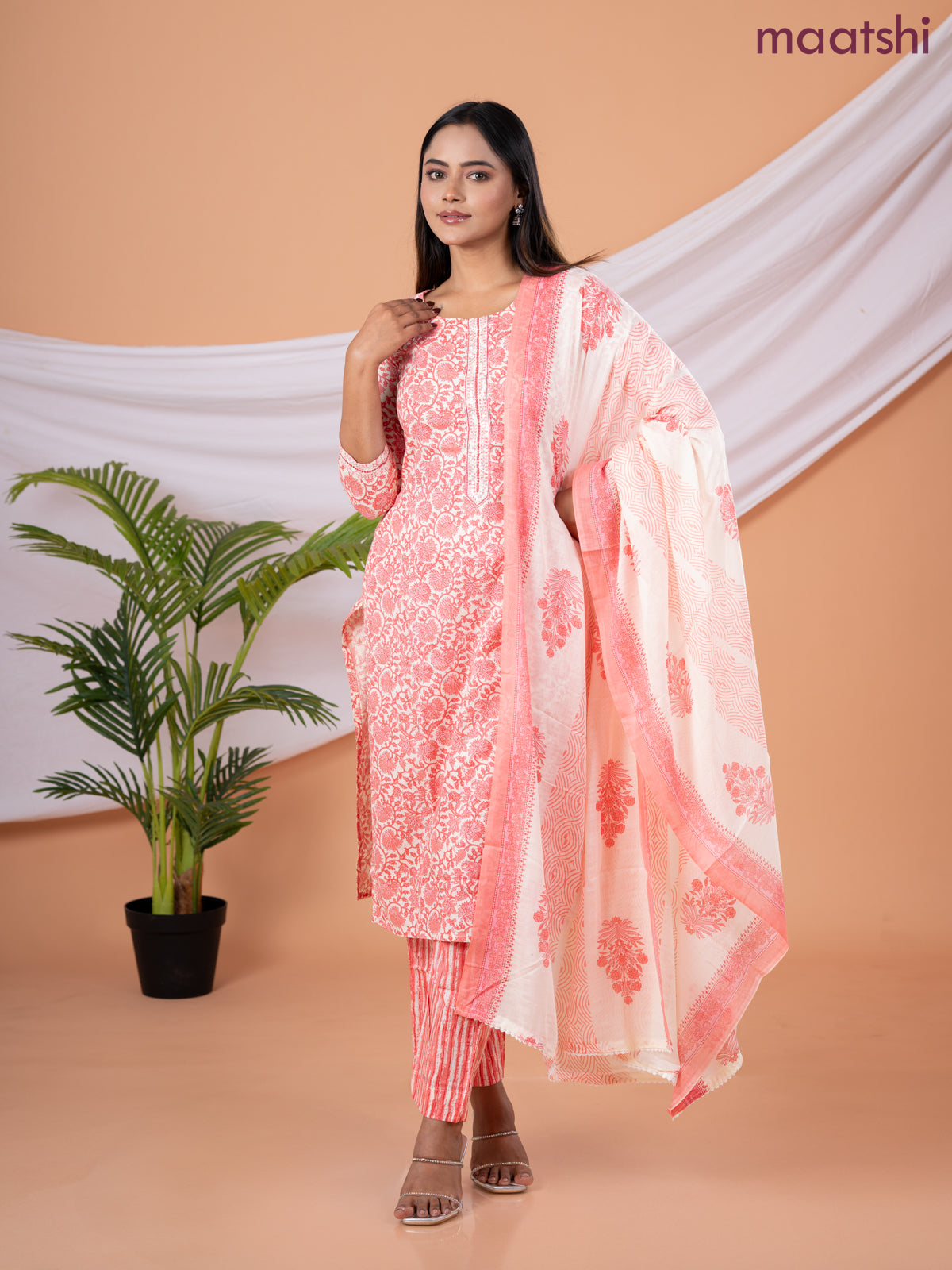 Semi cotton salwar suit cream and peach orange with allover floral prints & embroidery sequin work neck pattern and straight cut pant & dupatta