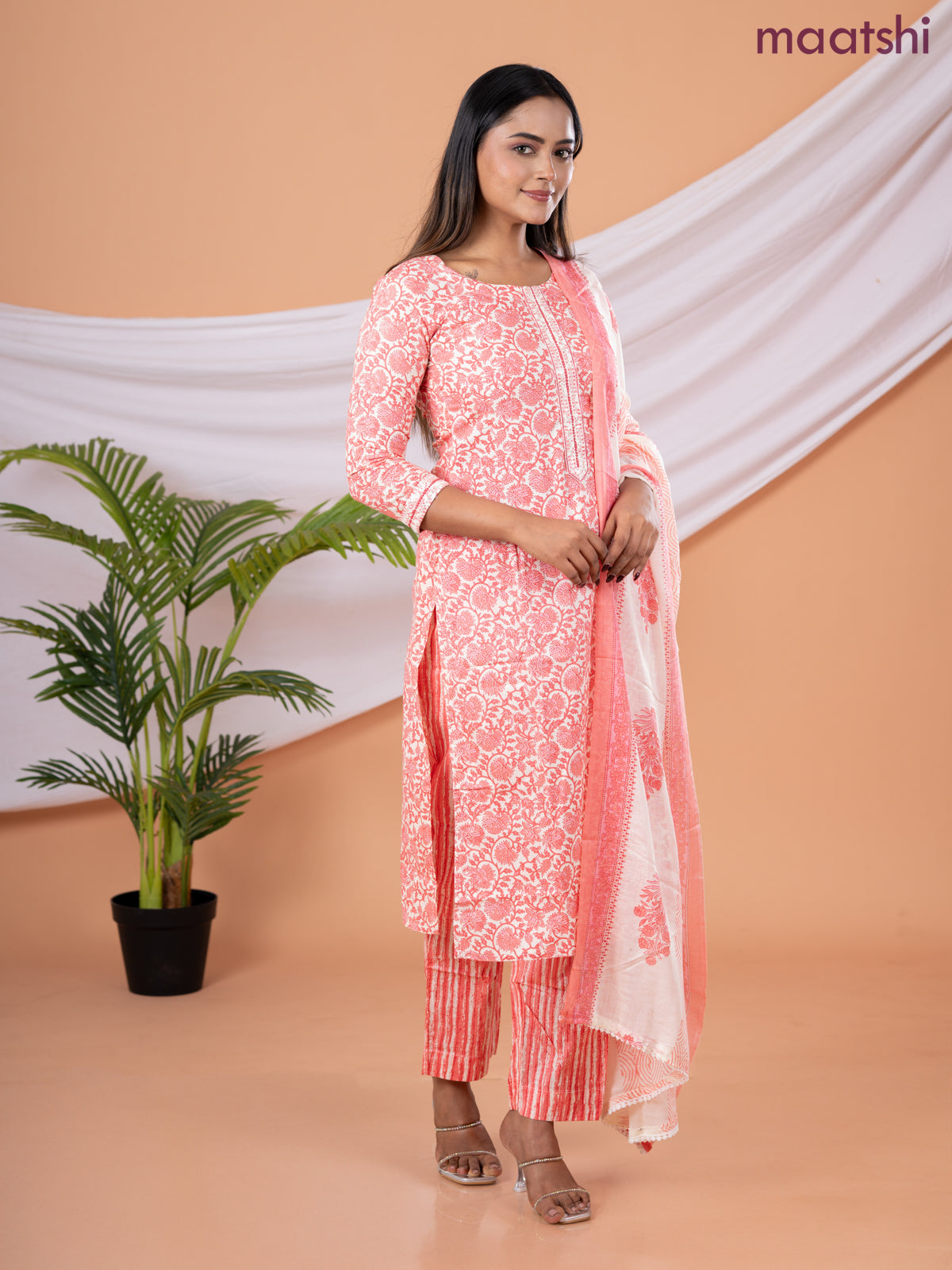 Semi cotton salwar suit cream and peach orange with allover floral prints & embroidery sequin work neck pattern and straight cut pant & dupatta