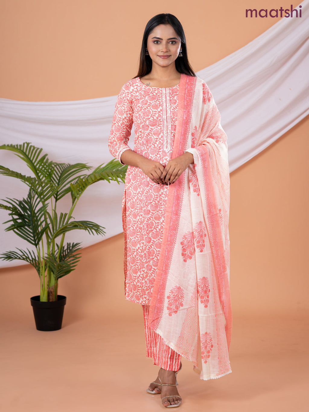 Semi cotton salwar suit cream and peach orange with allover floral prints & embroidery sequin work neck pattern and straight cut pant & dupatta