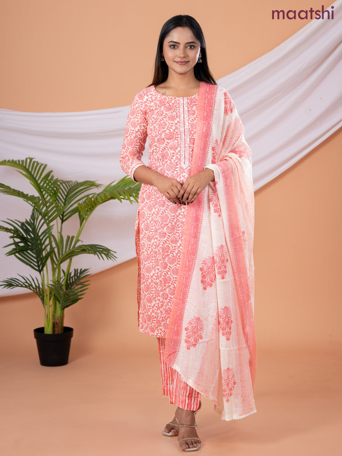 Semi cotton salwar suit cream and peach orange with allover floral prints & embroidery sequin work neck pattern and straight cut pant & dupatta
