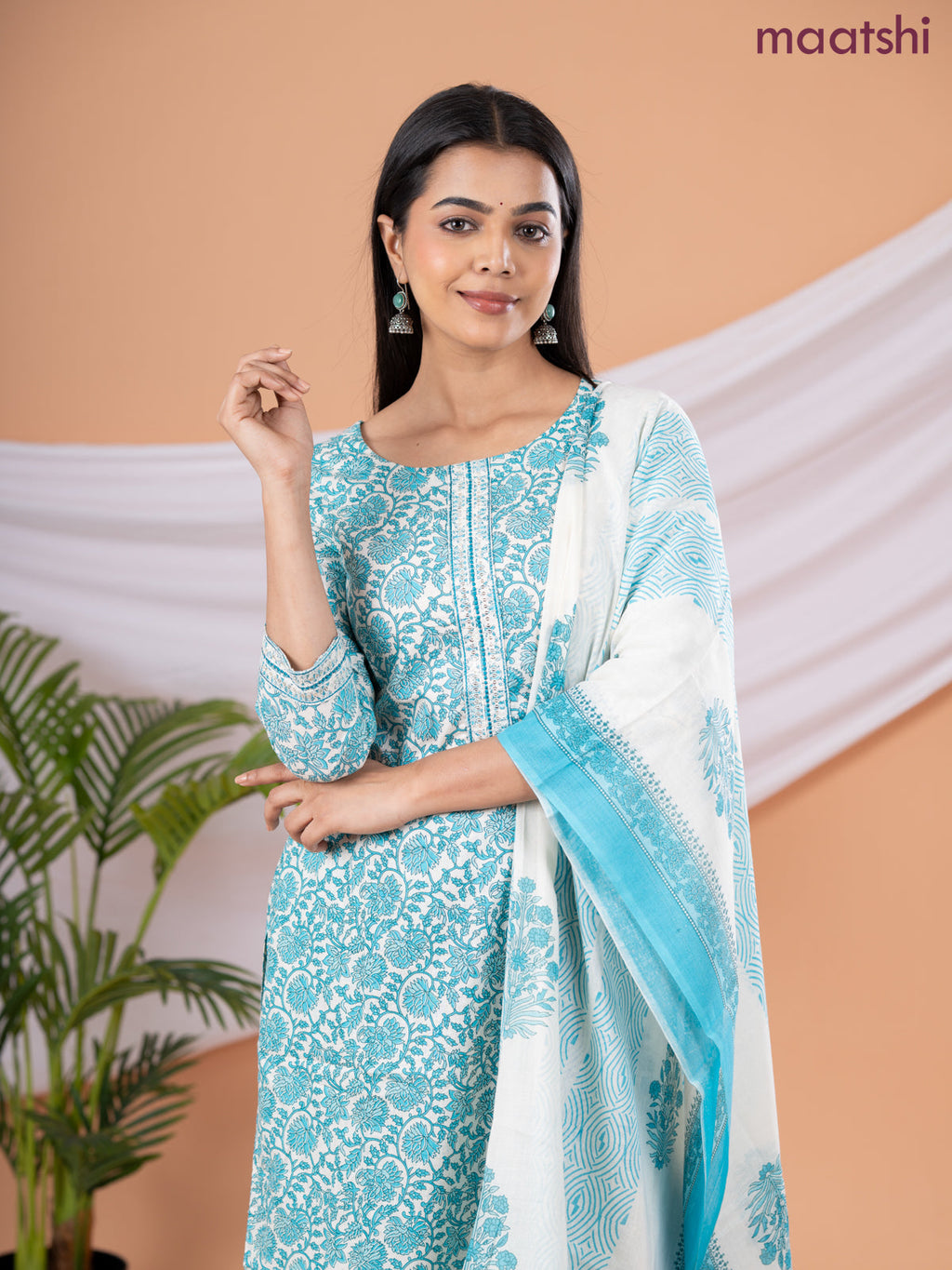 Semi cotton salwar suit cream and blue with allover floral prints & embroidery sequin work neck pattern and straight cut pant & dupatta