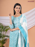 Semi cotton salwar suit cream and blue with allover floral prints & embroidery sequin work neck pattern and straight cut pant & dupatta