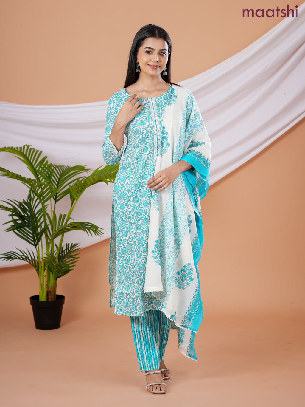 Semi cotton salwar suit cream and blue with allover floral prints & embroidery sequin work neck pattern and straight cut pant & dupatta
