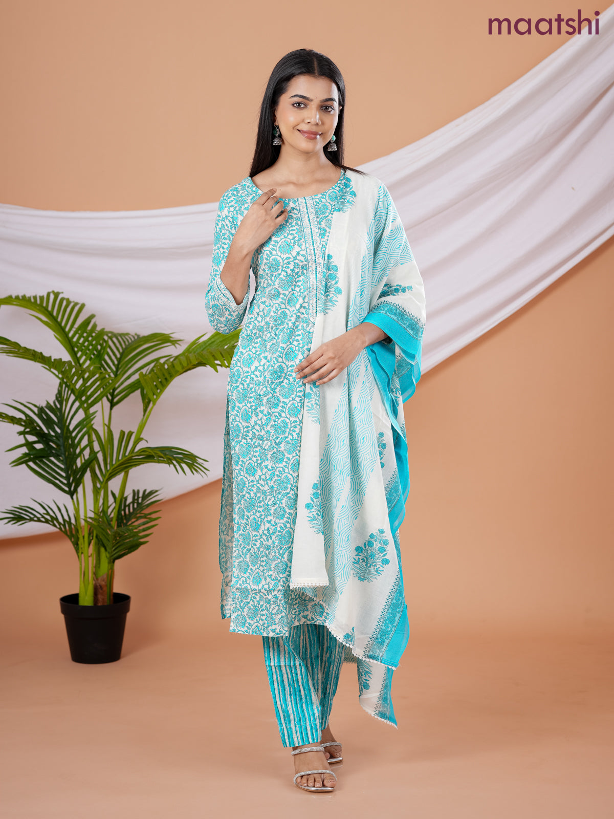 Semi cotton salwar suit cream and blue with allover floral prints & embroidery sequin work neck pattern and straight cut pant & dupatta