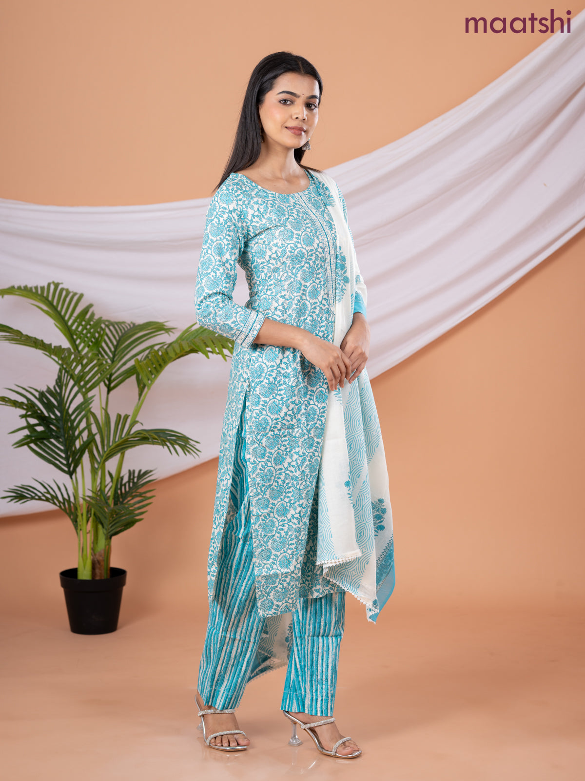 Semi cotton salwar suit cream and blue with allover floral prints & embroidery sequin work neck pattern and straight cut pant & dupatta