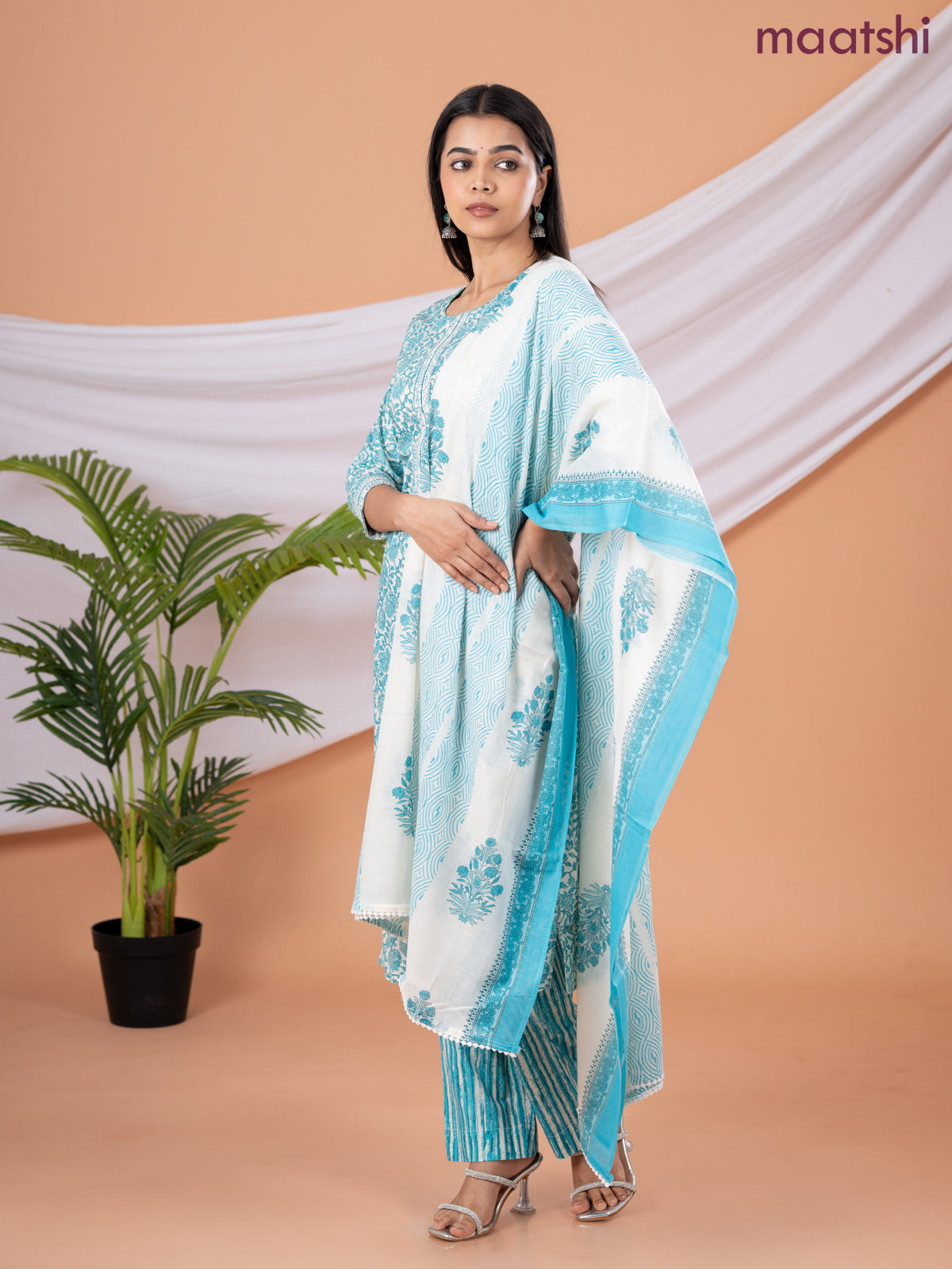 Semi cotton salwar suit cream and blue with allover floral prints & embroidery sequin work neck pattern and straight cut pant & dupatta