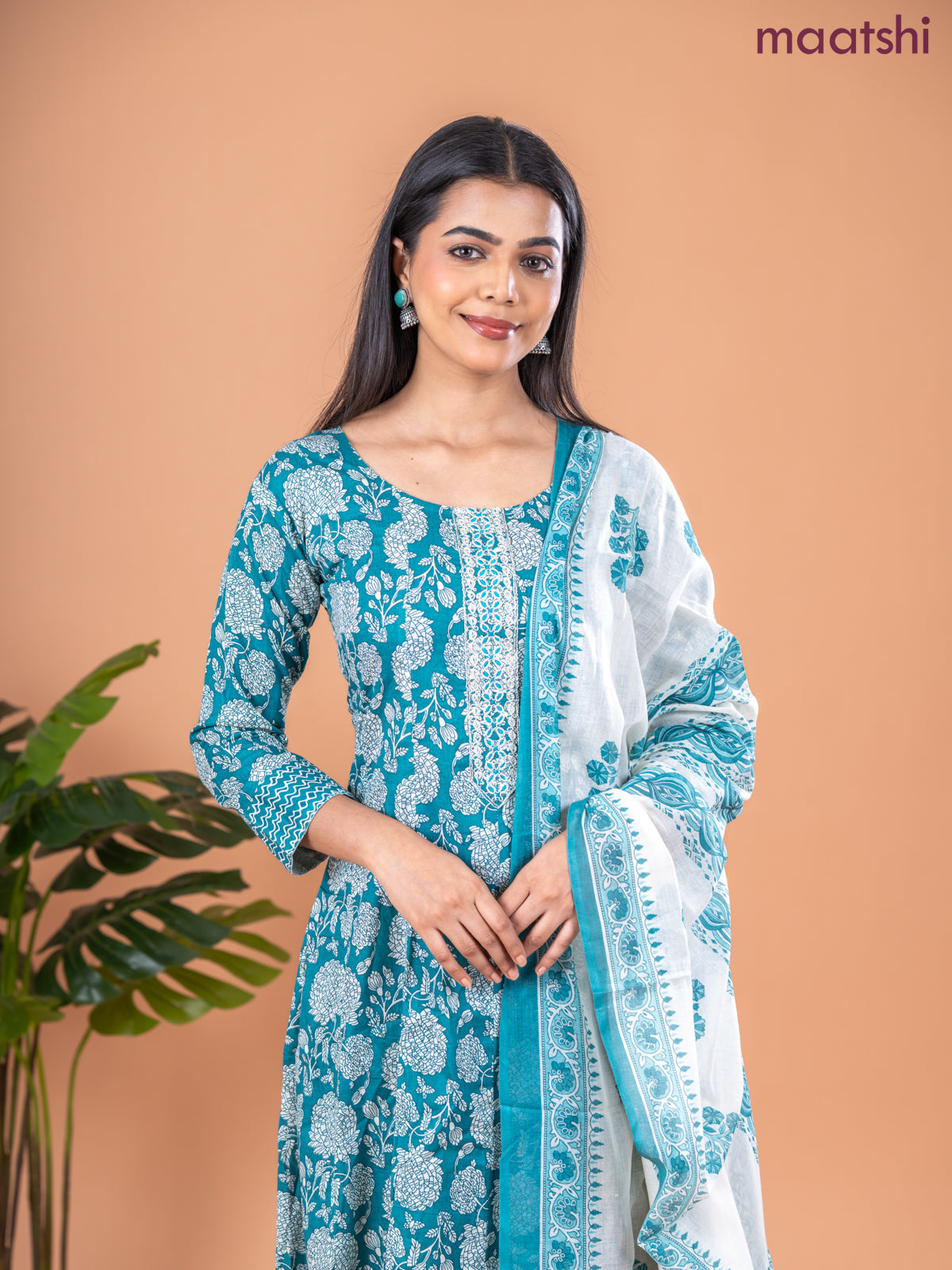 Anarkali salwar suit peacock green and off white with allover prints & embroidery sequin work neck pattern and straight cut pant & dupatta