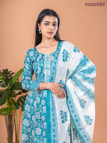 Anarkali salwar suit peacock green and off white with allover prints & embroidery sequin work neck pattern and straight cut pant & dupatta